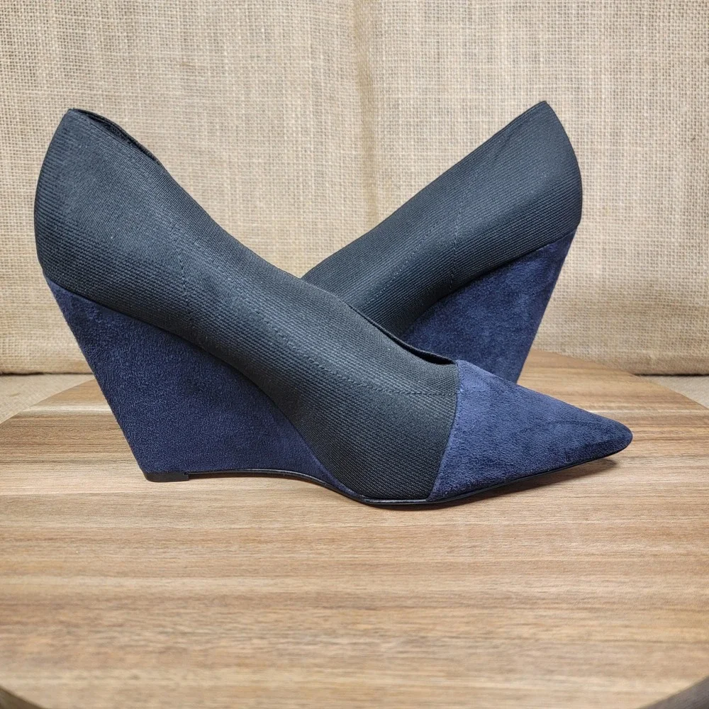 Nine West Wedge Heels Black Blue Suede Pointed Toe Womens 7.5 Slip On Dress Shoe